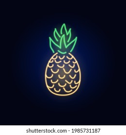 Neon pineapple. Sign and icon. tropical plants, palm trees and leaves. Set of Night bright signboard, Glowing light banner. Summer logo. Editable vector.
