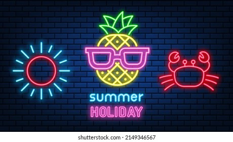 Neon pineapple summer sign. glowing color neon line. shining led or halogen lamps banners. on brick wall vector set. 