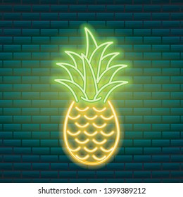 Neon pineapple. Tropical sign. Summer plant, leaves. Night bright signboard, Glowing icon, light banner Editable vector