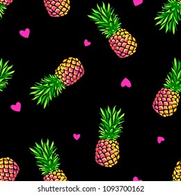 Neon pineapples and hearts - seamless background