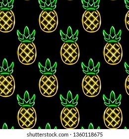 Neon pineapples seamless pattern. Summer, exotic, tropical, food concept. Golden glowing ananases icons on black background. Vector 10 EPS illustration.