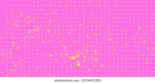 Neon pink abstract background with checkered paper texture. Paint splatters, yellow ink drips, halftone dots, chaotic grunge design.