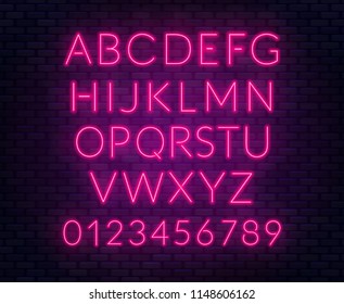 Neon pink alphabet on brick wall background. Capital letter. Vector illustration.