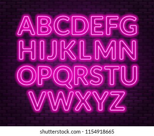 Neon pink alphabet on brick wall background. Capital letter.