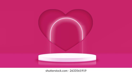 Neon pink arch in heart shape hole in wall over round podium stage - vibrant love symbol with glowing semicircle arc. Minimalist 3d Valentine day greeting card or romantic event poster design.