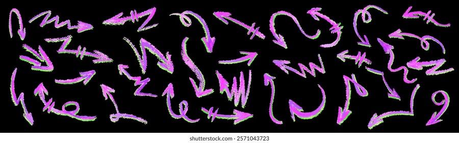 Neon pink arrows set. Wax crayon drawing grafitti elements in with green shadow. Collection of vector charcoal outline symbols of direction indicators. Graffiti lightning icons Children drawing style