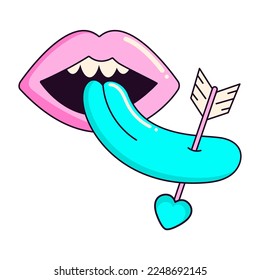 Neon pink and blue mouth with tongue. Arrow in tongue. Psychedelic trendy style of the 2000s.