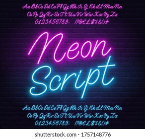 Neon Pink And Blue Script Alphabet Font. Glowing Letters, Numbers And Special Characters.
