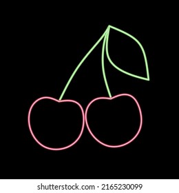 Neon pink cherry silhouette thin line icon for restaurant logo design. Vector illustration of a food mascot isolated on a black background.