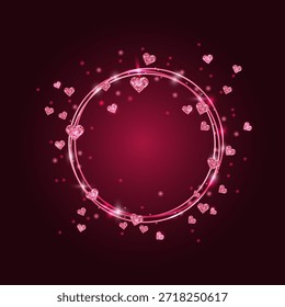 Marco circular rosa neón con confeti Glitter Heart. Borde de efecto de luz brillante. Elemento de lujo de resplandor realista para la invitación del día de San Valentín, cartel, tarjeta de vacaciones. Ilustración vectorial