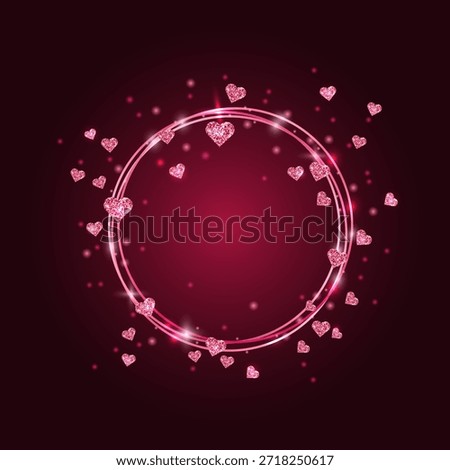 Neon pink circular frame with Glitter Heart confetti. Bright light effect border. Realistic glow luxury element for Valentine's Day invitation, poster, holiday card. Vector illustration