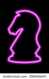 Neon pink contour chess figure knight on a black background. Vector illustration