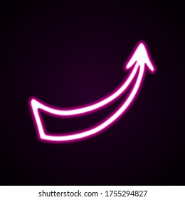 Neon pink curve arrow vector icon. Hand-drawn vector illustration of a pointer on black background. Arrow with a wide start