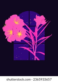 neon pink flower and window frame with night sky full of stars, space summer night illustration