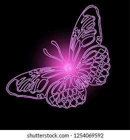 Neon pink flying butterfly. Vector illustration. Creative realistic drawing. Vintage paintings, postcard, background, wallpaper. Interior decoration. Gift favorite to girl