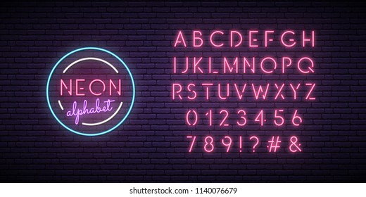 Neon pink font. English alphabet and numbers sign. Bright letters on dark wall. Vector template.