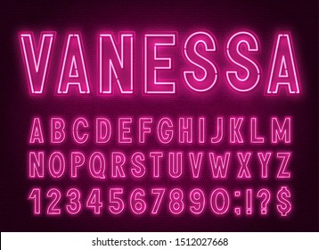 Neon Pink Font, Light Alphabet With Numbers On A Dark Background.