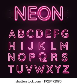 Neon pink font vector illustration. Pink neon light letters. Glowing alphabets. A-Z letters.