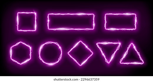 Neon pink frames set with electro flash of lightning vector illustration. Abstract purple square circle rectangle rhombus hexagon fantasy gates with flare and glow electricity light effect on borders