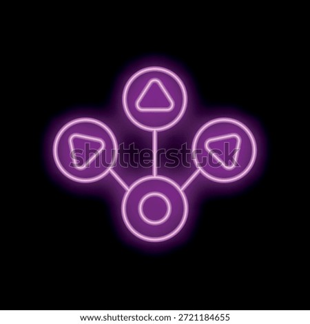 Neon pink glowing organisation chart is featuring play, backwards, and forward buttons, suggesting a hierarchical structure with navigational elements