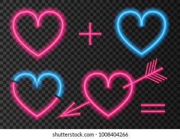 Neon pink  heart  with an arrow. Love.  Light effect for Happy Valentine's Day banner, greeting card. Laser glow sign on transparent background. Vector design element.