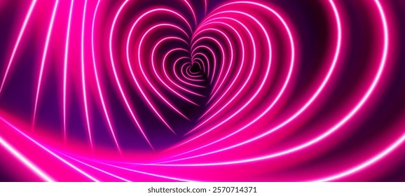 Neon pink heart shaped tunnel background with glowing curved lines creating perspective effect on dark backdrop. Luminous abstract spiral pathway for romantic presentation and love themed design.