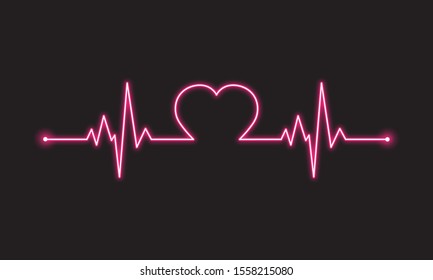 Neon pink heartbeat line with shape of heart. Beautiful healthy electrocardiogram or ECG. One pulse line. 