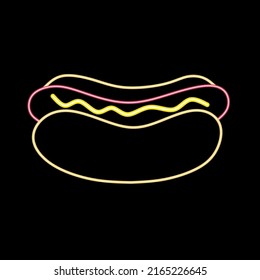 Neon Pink Hot Dog Silhouette Thin Line Icon For Restaurant Logo Design. Vector Illustration Of A Fast Food Mascot Isolated On A Black Background.