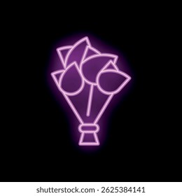 Neon pink illustration of a bouquet of flowers glowing on a black background