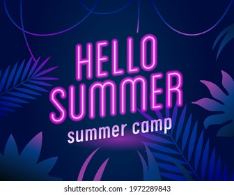 Neon pink letter Hello Summer and Summer Camp Template for advertising, web, social media and fashion ads. multicolored neon glowing style. Vector Illustration.

