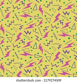 Neon pink lightening bolt with zigzag waves and geometric shapes in 90s style over yellow background. For retro party posters, textures and gift wrapping paper.