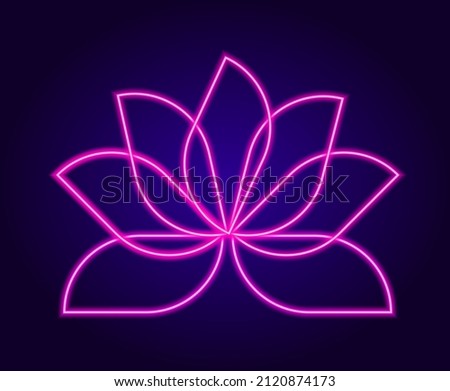 NEON pink lotus. simple isolated flower pattern lilac bright lines glow in the dark lotus petals on dark blue, for yoga design template. Flat pink icon on light background