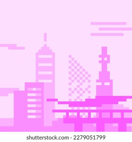 Neon Pink Metropolis Coast Cityscape, Pixelated Artwork Background