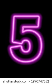 Neon pink number 5 on black background. Learning numbers, serial number, price, place. Vector illustration