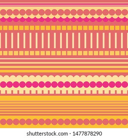 Neon pink, orange and yellow rectangles, circles and stripes geometric design. Vibrant seamless vector pattern with tropical vibe. Great for wellbeing, summer products, textiles, homedecor, stationery