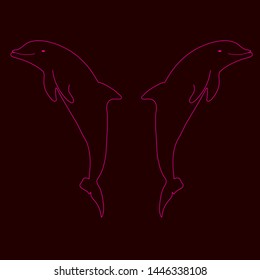 Neon pink outline 2 dolphins rotated from each other. Isolated on black background. Copy space. Vector graphics. Stock vector illustration. There is a place for text.