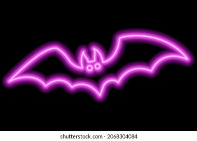 Neon pink outline of a bat on a black background. Halloween concept. Vector illustration