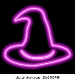 Neon pink outline halloween witch hat on black background. Vector illustration