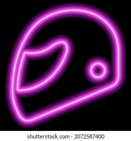 Neon pink outline of a motorcycle helmet on a black background. The concept of extreme sport, competition, protection. Vector illustration