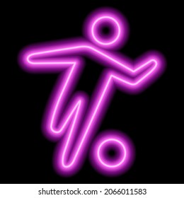 Neon pink outline of a soccer player who hits the ball on black background. Vector illustration