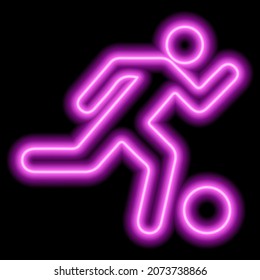 Neon pink outline of a soccer player with ball on black background. Vector illustration