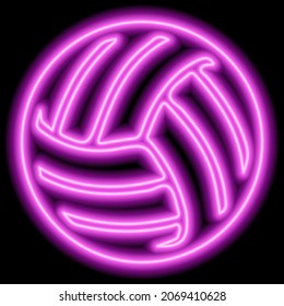 Neon pink outline of a volleyball ball on a black background. Vector illustration