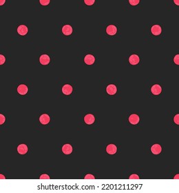 Neon Pink Polka Dot On Black Background, Seamless Vector Pattern. Modern Minimalist Art Background, Design For Fabrics,  Wrapping Paper, Printing and Fashion.