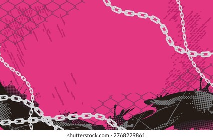 Neon pink punk grunge frame with black ink splatter, chains and wire mesh design