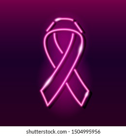Neon pink ribbon - breast cancer awareness symbol. Bright glowing icon on dark background. Vector 10 EPS illustration.