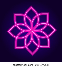 NEON pink round flower mandala. simple isolated floral pattern pink bright lines glow in the dark lotus petals on dark blue, for yoga design pattern top view