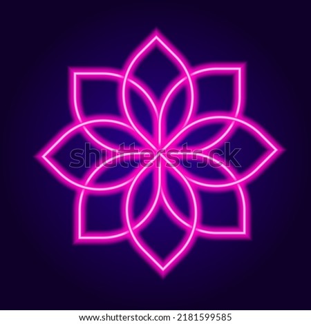 NEON pink round flower mandala. simple isolated floral pattern pink bright lines glow in the dark lotus petals on dark blue, for yoga design pattern top view