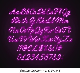 Neon Pink Script Alphabet. Glowing Cursive Font With Letters, Numbers And Special Characters.