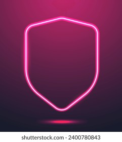 Neon pink shield icon on dark background. Line glowing protect symbol