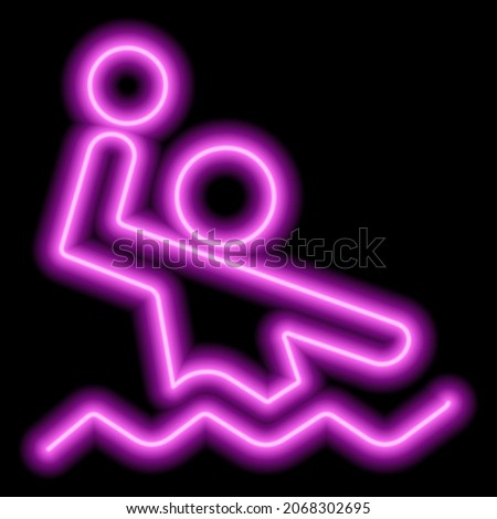 Neon pink silhouette of man playing water polo on black background. Vector illustration